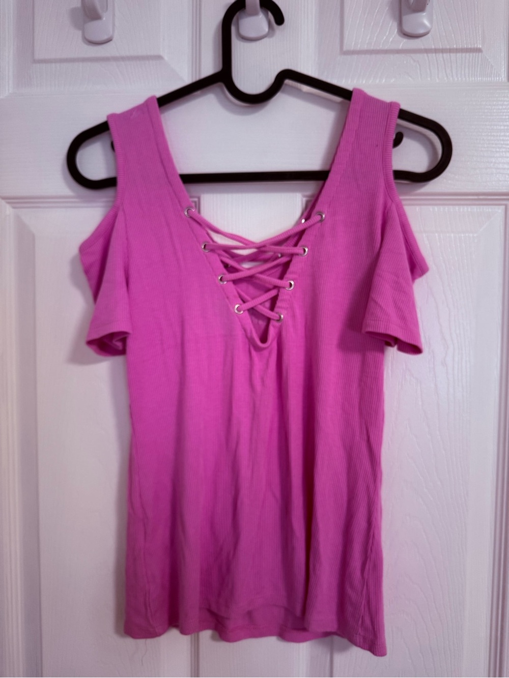 bebe Pink Cold-Shoulder Lace-Up Ribbed Tank - Picture 2 of 2